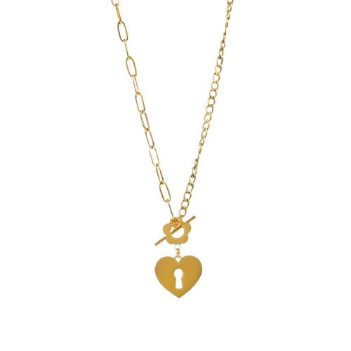 Collier multi-maille à fermoir et pendentif serrure en coeur